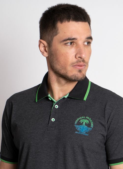 Camisa Polo Aleatory Tropical Paradise Preta
