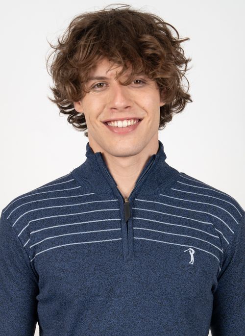 Suéter Aleatory Meio Zíper Listrado Azul Jeans
