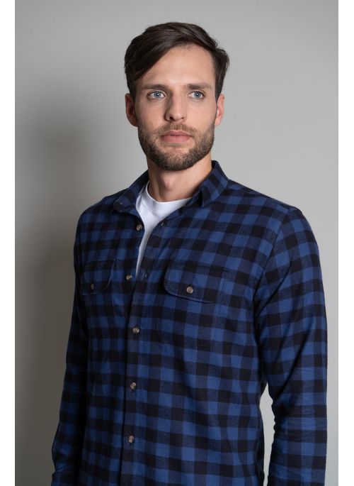 Camisa Signature 2 Bolso Xadrez Flanela Manga Longa Azul