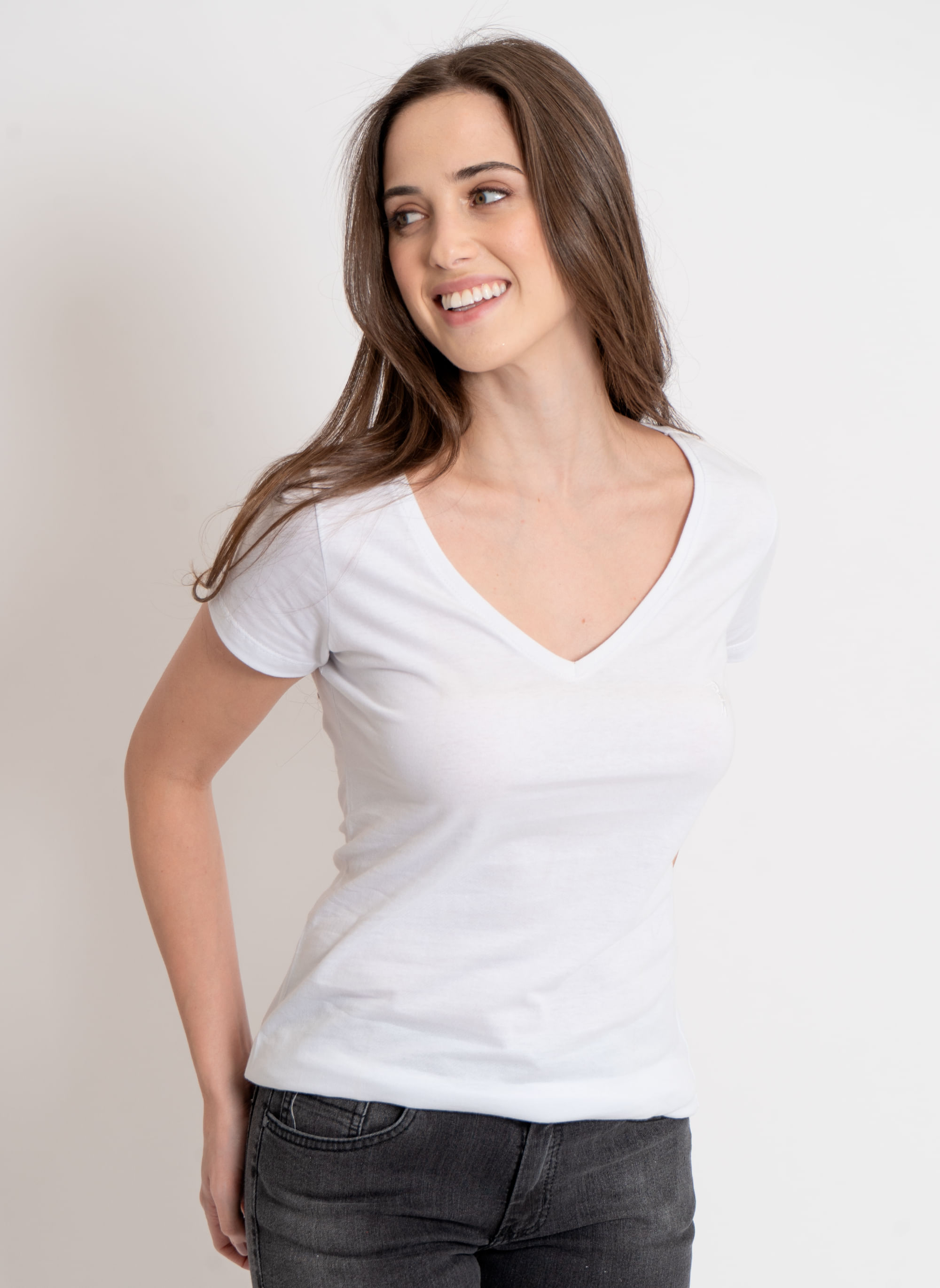 Camiseta-Feminina-Aleatory-Gola-V-Lisa-Force-Branca-Branco-P