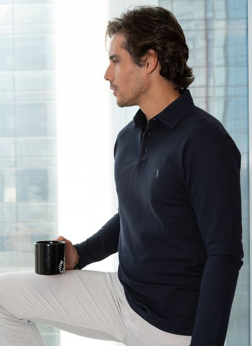 Camisa Polo Signature Piquet Manga Longa Marinho