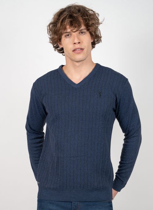 Suéter Aleatory Gola V Jacquard Azul Jeans