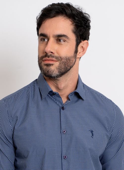 Camisa Aleatory Xadrez Manga Longa Creta Marinho