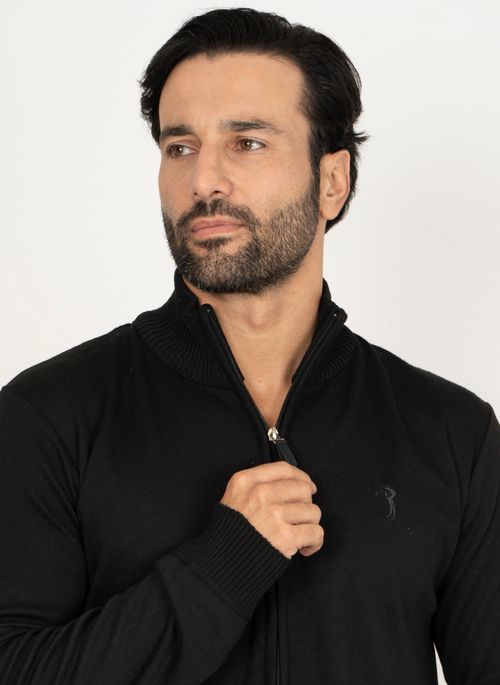 Suéter Aleatory Com Zíper e Gola Alta Preto