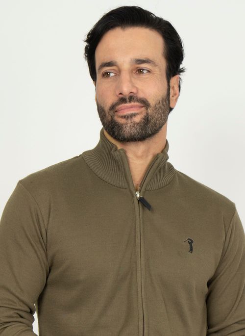 Suéter Aleatory Com Zíper e Gola Alta Bege Escuro