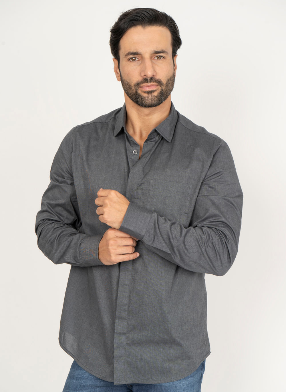 Camisa-Signature-Lisa-Manga-Longa-Fil-a-Fil-Chumbo--Chumbo-P