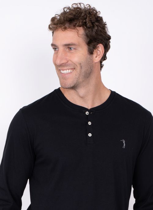 Camiseta Aleatory Manga Longa com Botões Empire Preto