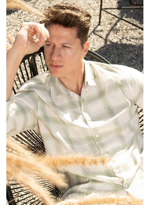Camisa Listrada Aleatory Manga Longa Clever Bege