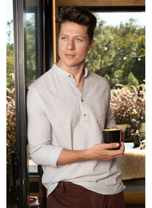 Camisa Linho Aleatory Manga Longa Excuse Cinza