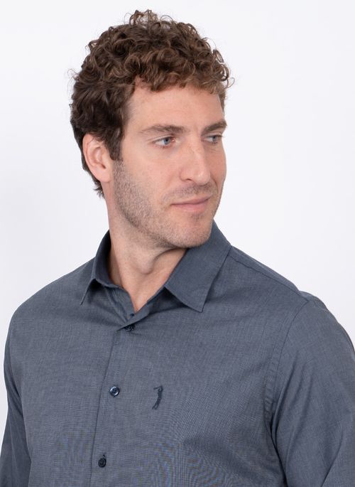 Camisa Aleatory Fil a Fil Manga Longa Azul Escuro
