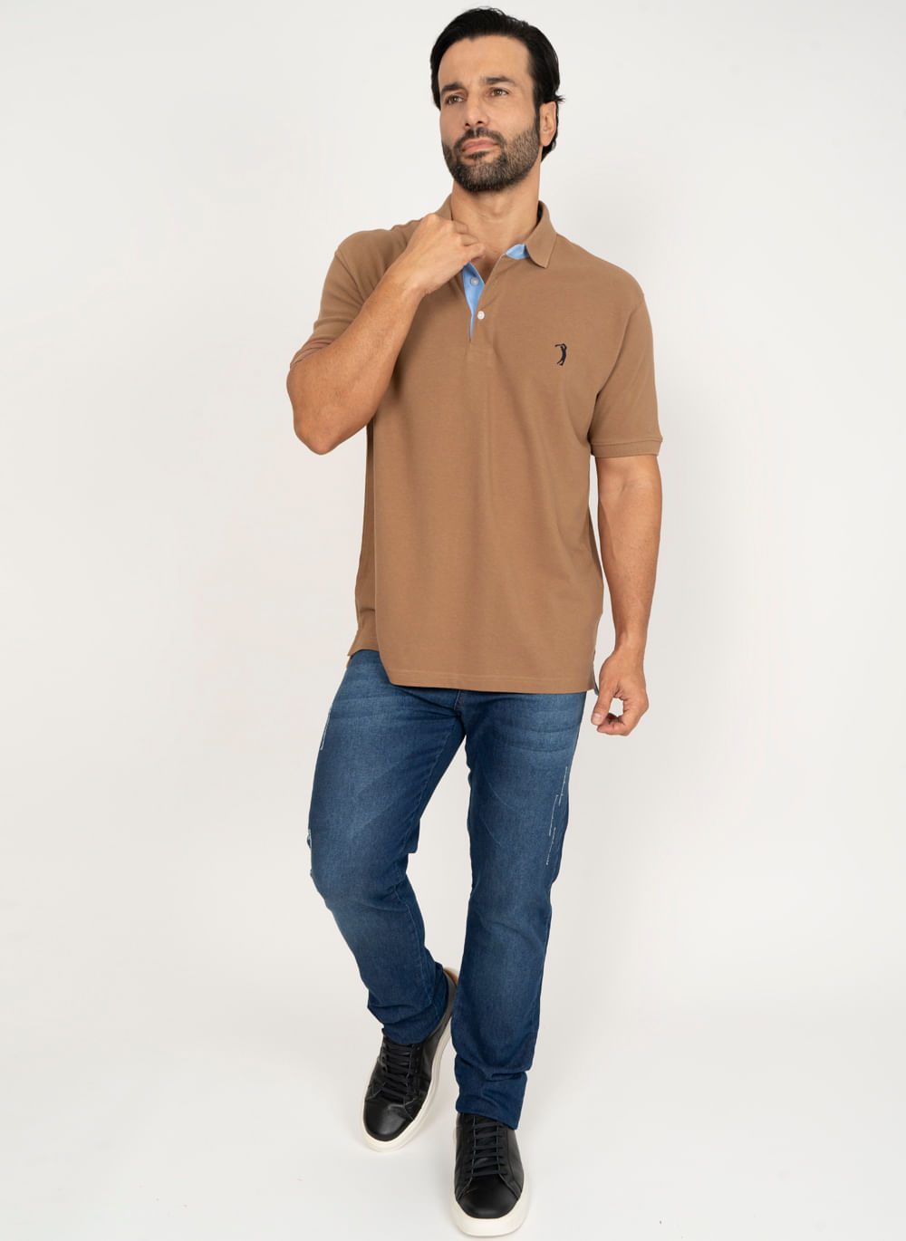 Camisa-Polo-Bege-Escuro-Lisa-Aleatory-Bege-P