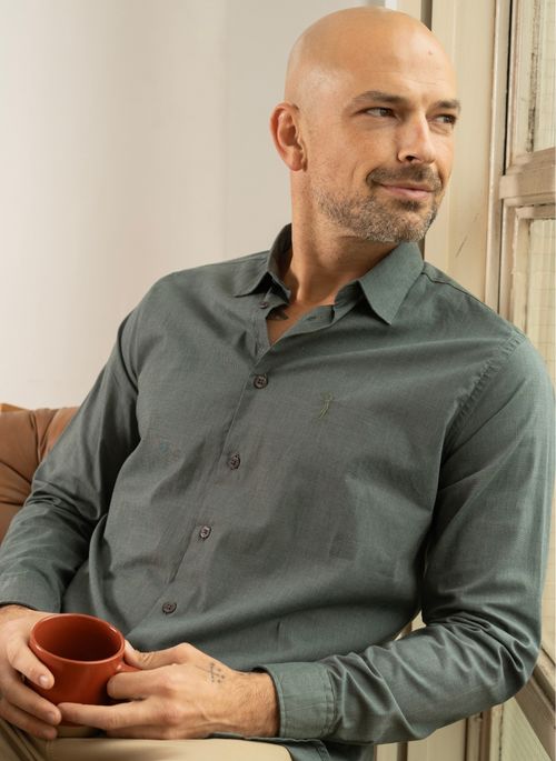 Camisa Aleatory Fil a Fil Manga Longa Esmeralda